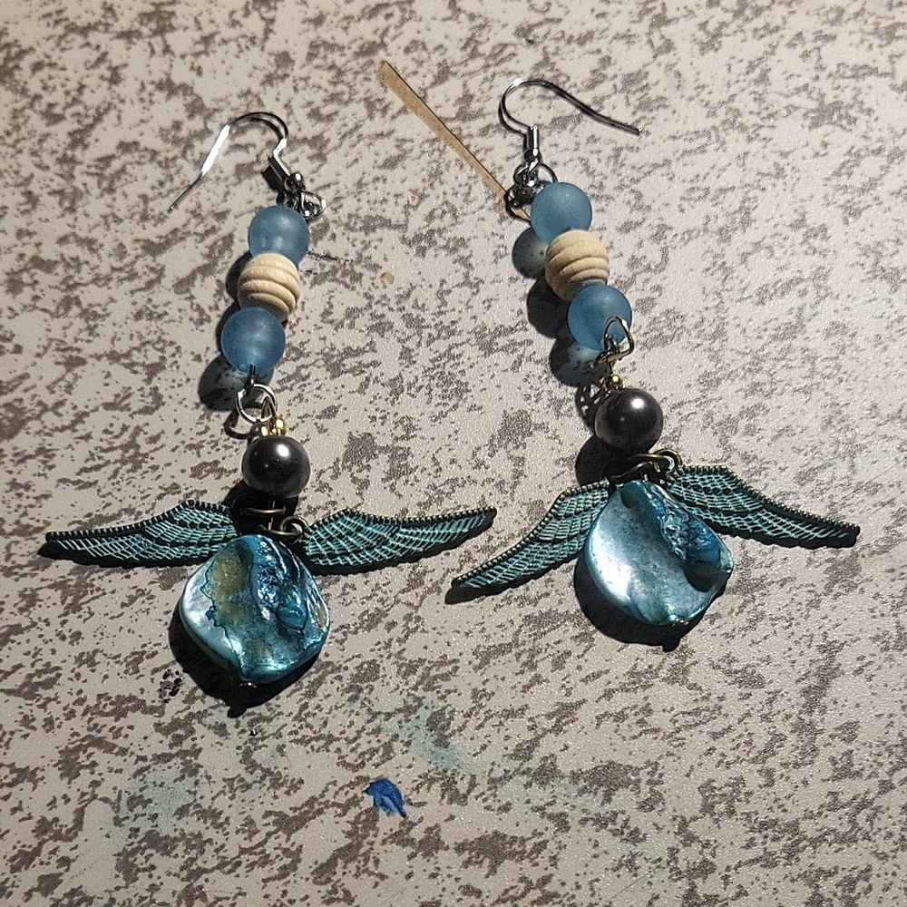 Elegant Blue Winged Angel Earrings